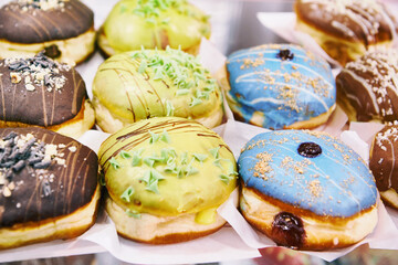 Glazed cakes in cafe shop