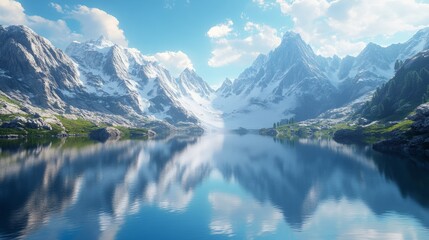 A peaceful mountain lake with crystal clear water, surrounded by towering snow-capped peaks