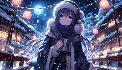 Obraz premium Cute but sad anime girl on the street in winter clothes