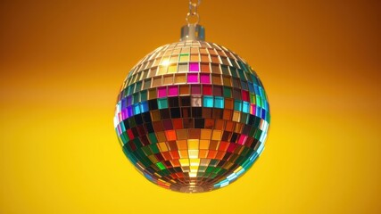 Obraz premium A disco ball hanging against a vibrant yellow background, its mirrored surface reflecting a kaleidoscope of colors.