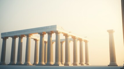 Fototapeta premium A majestic structure of fluted columns stands tall against a hazy, golden sunrise, creating an image of ancient grandeur and timeless elegance.