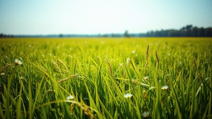 Obraz premium A Vibrant Meadow of Lush Green Grass and Delicate White Flowers Under a Sunny Sky