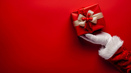 Santa Claus�s hand holding a Christmas gift with copy space on a red background, perfect for Christmas, tradition, and celebration concepts.