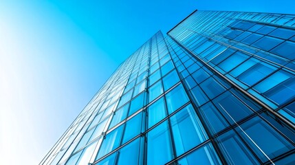 Fototapeta premium A realistic view of a glass office tower from street level, reflecting the blue sky in its windows. without people, one color background