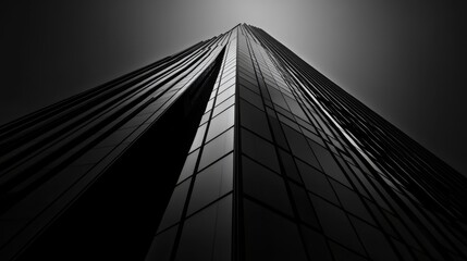 A reflective glass office tower, towering above the street from a low-angle perspective.