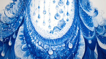 A tight shot of a blue-and-white backdrop adorned with water droplets at its zenith and nadir. Zenith. Illustration