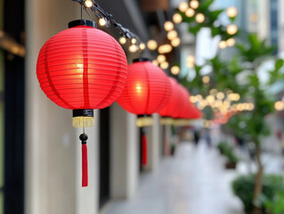 Red lanterns illuminate festive walkway, creating vibrant atmosphere