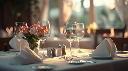 Fototapeta premium Elegant dining setup with glasses, flowers, and cutlery in a cozy restaurant ambiance.