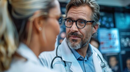 Fototapeta premium A healthcare professional converses with a colleague, showcasing teamwork and communication in a medical environment.