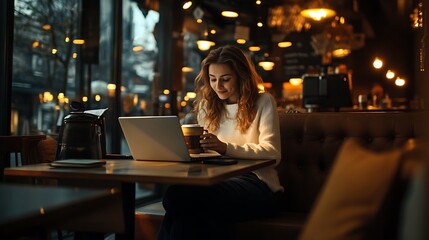 Fototapeta premium A woman enjoys coffee while working on her laptop in a cozy caf?.