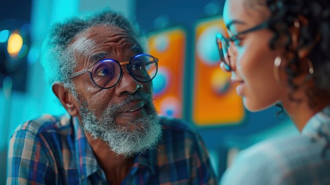 A thoughtful elderly man engages in a deep conversation with a young woman, showcasing generational connection and wisdom in a vibrant setting.