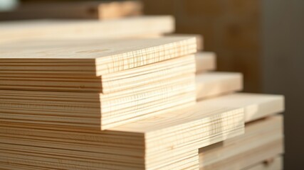 Fototapeta premium A close-up view of a stack of smooth, light-colored plywood boards, revealing the intricate layers of wood grain and the subtle warm glow of natural light.