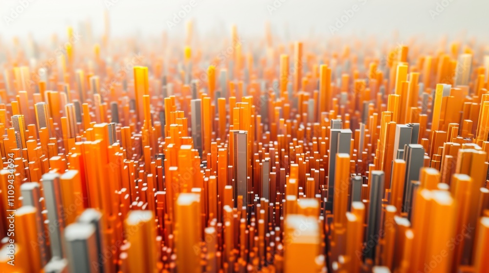Poster vibrant 3d rendering of orange and gray vertical bars in an abstract cityscape arrangement. the dyna