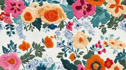 Colorful decorative embroidery pattern featuring floral designs and lace borders perfect for fashion textiles and home decor