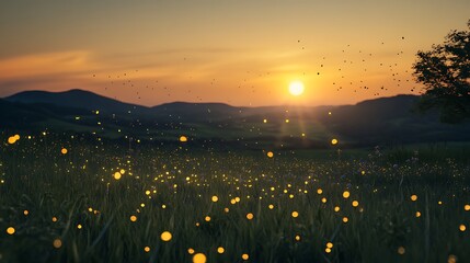 A serene sunset over a field filled with glowing fireflies, creating a magical atmosphere.