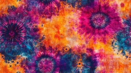 Vibrant seamless pattern of urban psychedelic bleached textile featuring handmade ink batik silk designs with cosmic elements and colorful tie dye effects