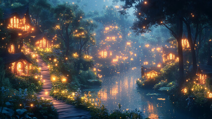 Fototapeta premium Whimsical fantasy landscape with floating lights and enchanted houses beside a tranquil river at twilight