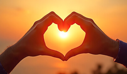 Obraz premium Two hands with fingers make the shape of a heart, at sunset, sunrise
