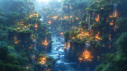 Obraz premium Whimsical floating islands illuminated by bioluminescent flora in a tranquil fantasy landscape