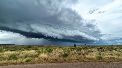 Dramatic storm clouds over desert landscape.