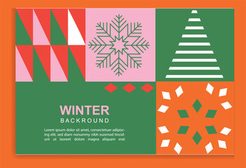 Bright winter geometric banner in flat style. Geometry minimalistic design with simple shapes vector