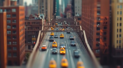 Elevated view of city traffic on a bridge.