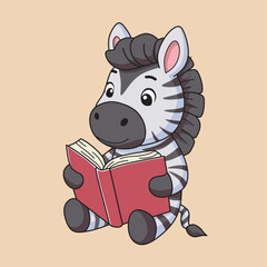 A cute Zebra reading a book. Cartoon illustration of vector art. Back to school theme