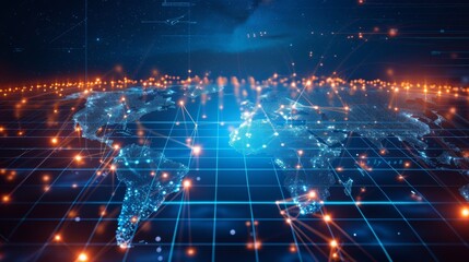 Fototapeta premium A futuristic digital map illustrating a glowing global network, with vibrant points of connection representing technology, data transfer, and global communication. AI generated.