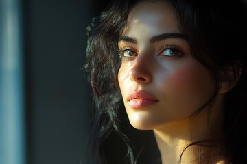 Young Asian Woman Elegant Face, Brunette, Sunlit Glow