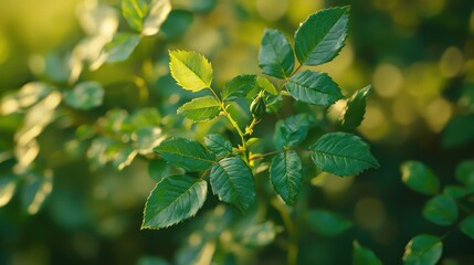 Fototapeta premium Realistic Close-Up of Green Rose Leaves Against Soft Background