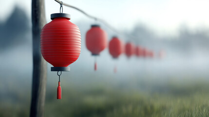Obraz premium Red lanterns hanging in misty landscape evoke festive atmosphere