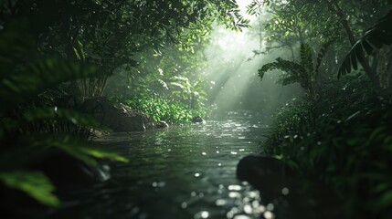 Lush Tropical Rainforest with Dense Foliage and Glimmering Water