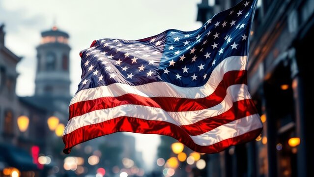 Glendora's downtown, flag-draped, double-exposed walk.