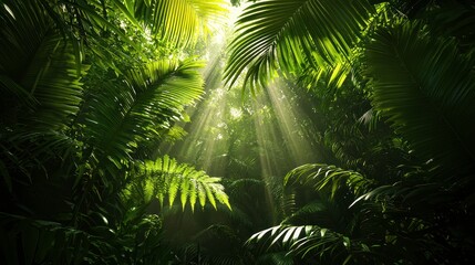 Lush Green Rainforest Canopy with Sunlight Filtering Through Trees
