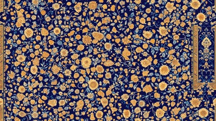 Seamless pattern featuring intricate Mughal artwork with traditional Indian designs and antique gold borders suitable for textile and wallpaper design