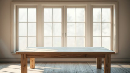 Fototapeta premium A wooden table with a simple design sits in front of a large window with a view of a natural scene, letting in natural light