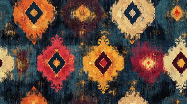 Colorful ikat pattern in vintage style with elegant ethnic motifs hand drawn oriental art seamless geometric design