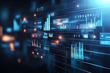 This image showcases a futuristic digital data interface, featuring vibrant graphs, charts, and glowing elements. Perfect for illustrating concepts of technology and innovation.