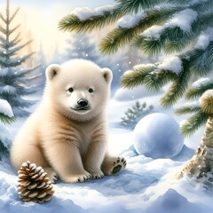 Polar Bear in Snowy Forest with Pine Cone