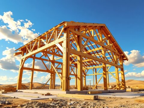 New pole barn frame, wood construction on concrete slab.