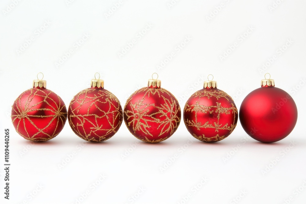 Poster a row of five red christmas ornaments with gold patterns on a white background, isolated on the left