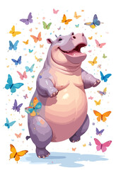 Fototapeta premium Hippopotamus Vector Painting Adorable Fun Animal Playing With Butterfly