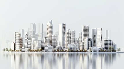 Obraz premium A detailed and reflective digital rendering of a futuristic urban skyline with modern buildings mirrored on a glossy surface. AI generated.