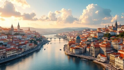 Obraz premium Panoramic March 2020 view of Porto's Ribeira district.