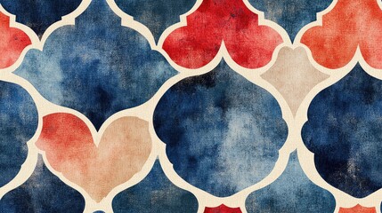 Vibrant geometric swimwear pattern featuring seamless Moroccan inspired design in blue red and beige watercolor textures