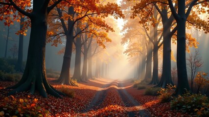 Fototapeta premium Misty Autumn Forest Morning - AI Photorealistic Landscape