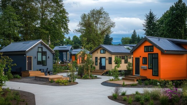 Colorful tiny houses in a community setting, showcasing modern, eco-friendly design and landscaping.