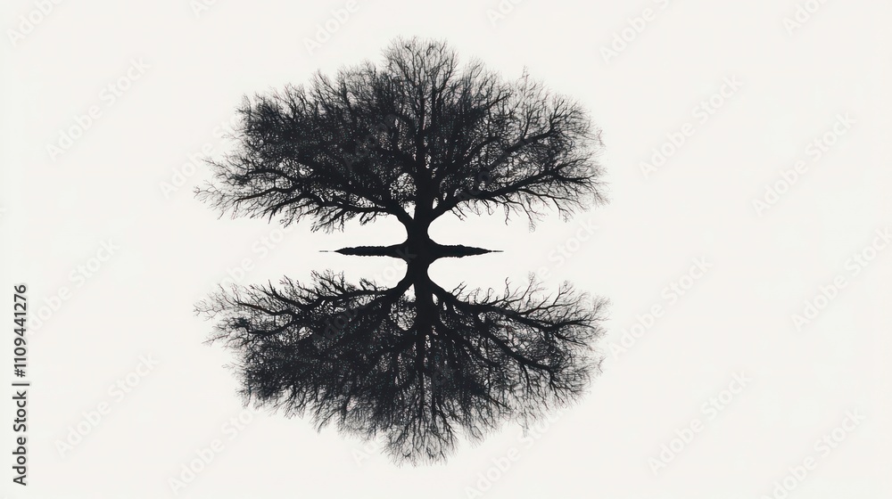 Poster a bare tree reflected perfectly in still water, creating a symmetrical image.