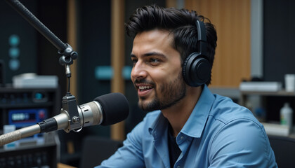 Male radio DJ with headphones speaking into microphone