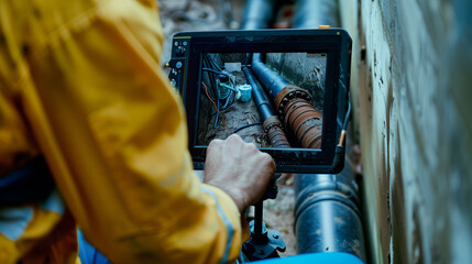 Sewer inspector reviewing footage on a portable monitor, with a sewer pipe and inspection equipment in the background